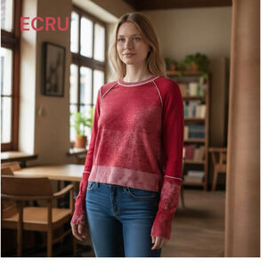 Ecru Red & White Long Sleeve Tee Shirt Top xs